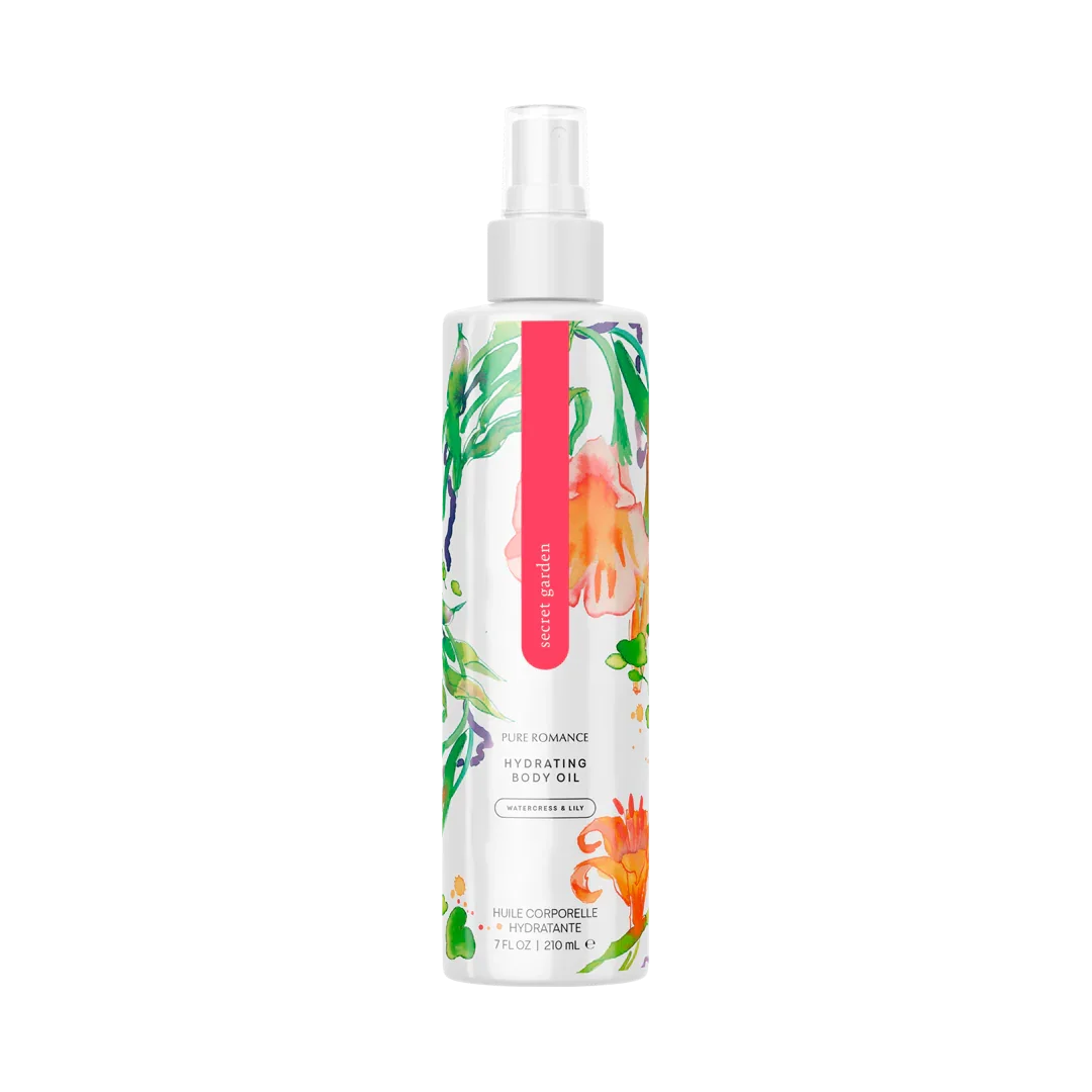 Hydrating body oil with floral packaging, labeled Secret Garden, for skin care and moisture