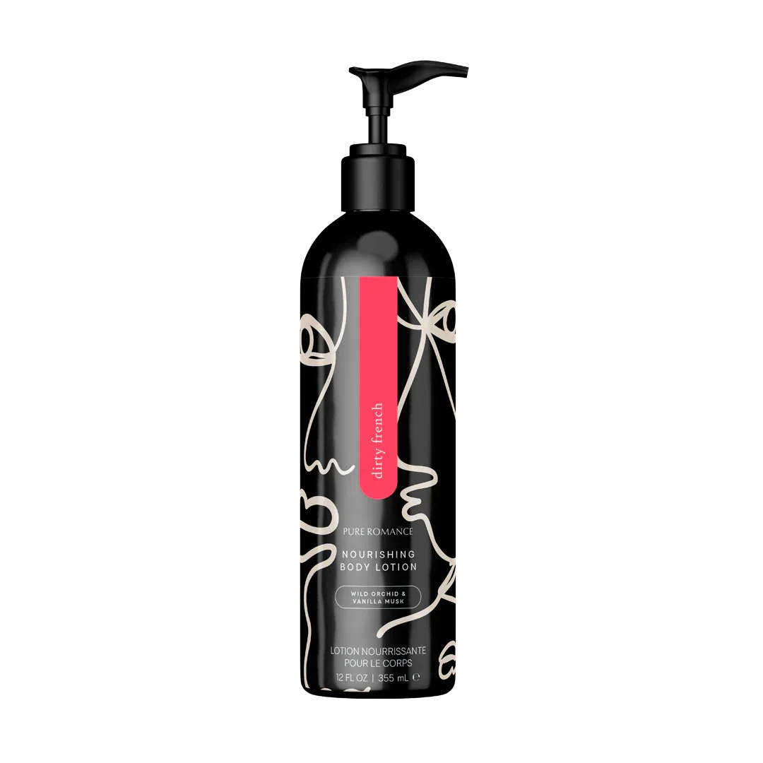 Pure Romance nourishing body lotion bottle with abstract face design, black pump, wild orchid scent