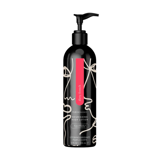 Pure Romance nourishing body lotion bottle with abstract face design, black pump, wild orchid scent