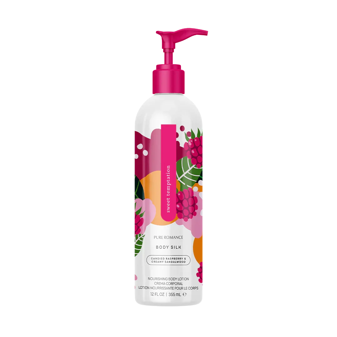 Body silk moisturizing lotion with raspberry and sandalwood, floral decorated bottle.