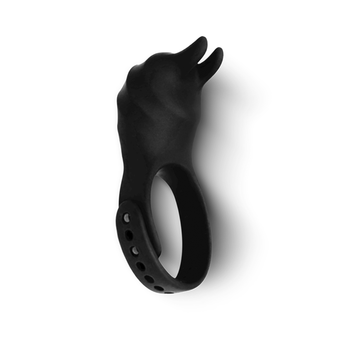 Black silicone vibrating ring with animal-inspired design, adjustable for wellness and intimacy