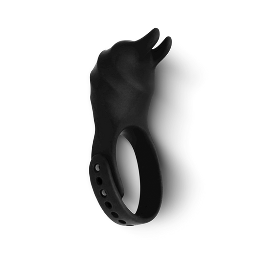 Black silicone vibrating ring with animal-inspired design, adjustable for wellness and intimacy