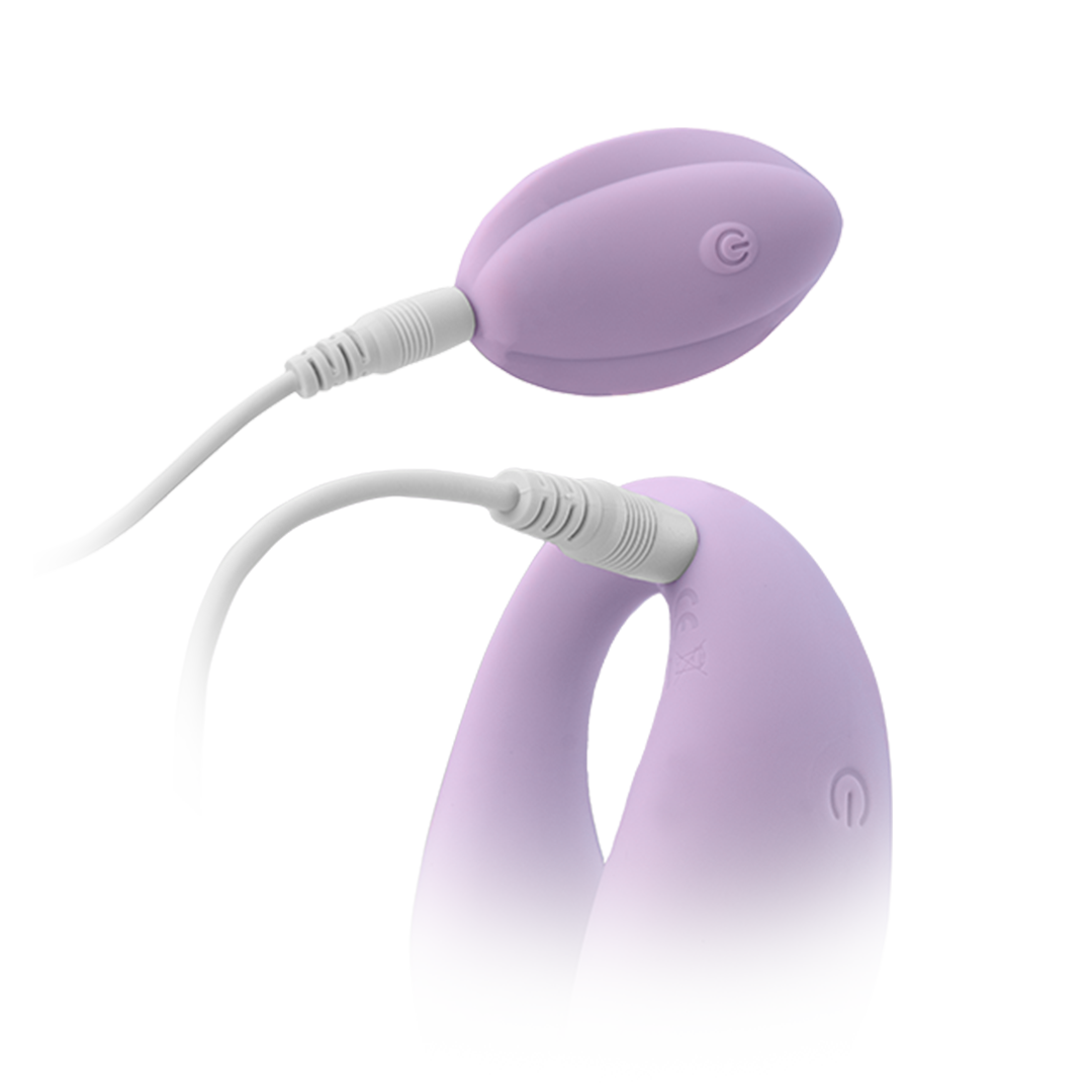 Rechargeable purple silicone couples vibrator with charging cable attached