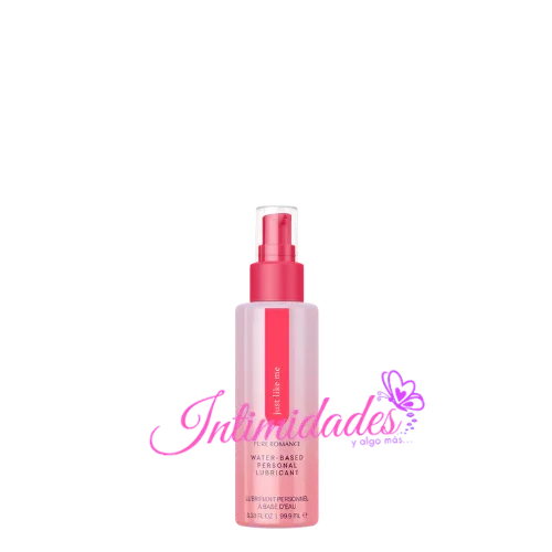 Clear pink bottle of water-based personal lubricant with pump dispenser on white background.