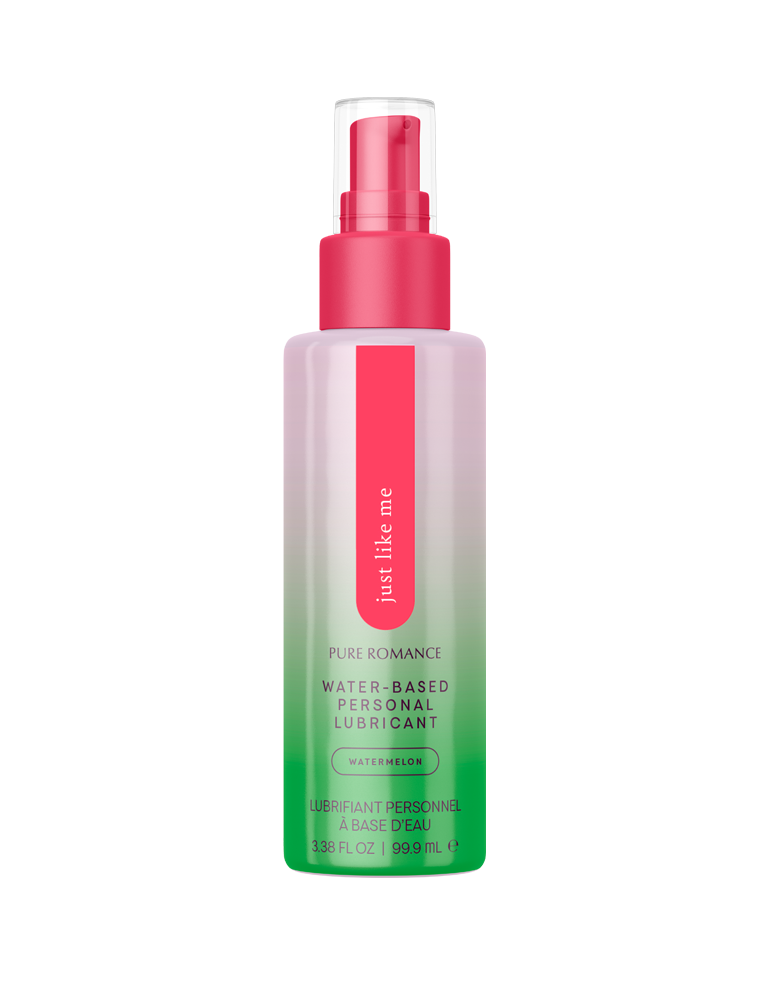 Watermelon water-based personal lubricant in a clear pump bottle with pink and green accents.