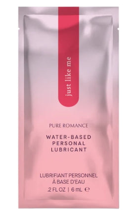 Sample sachet of water-based personal lubricant with pink gradient packaging.