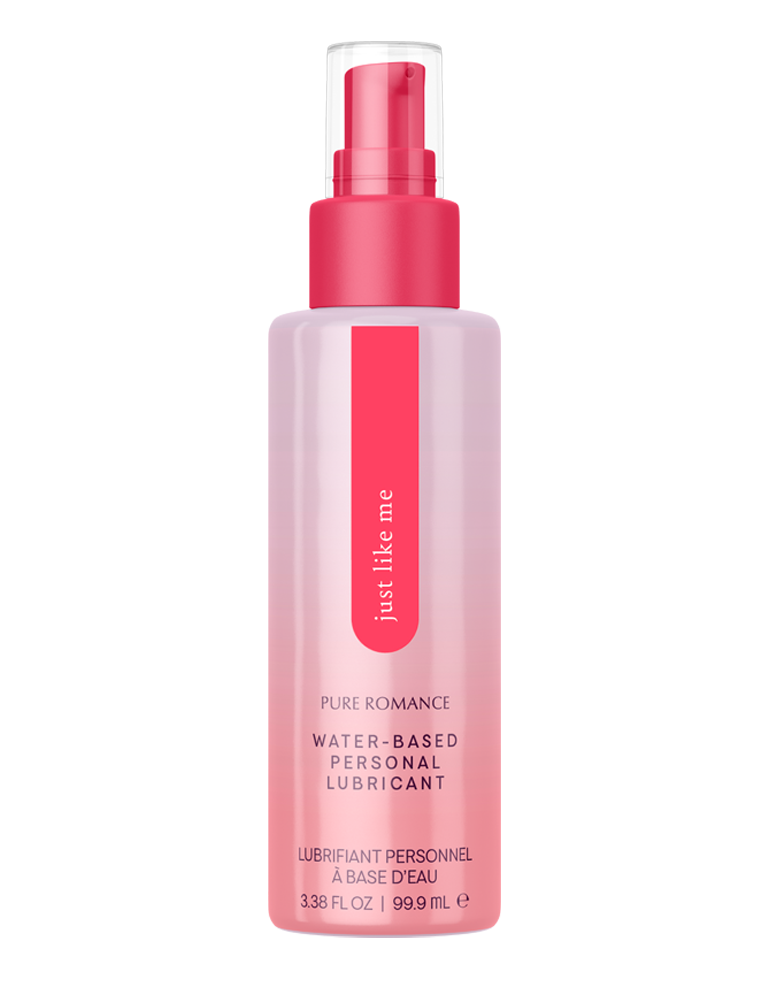 Water-based personal lubricant in a pink pump bottle labeled Just Like Me, 3.38 fl oz
