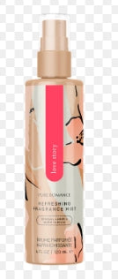 Love Story fragrance mist bottle with floral design and gold spray cap