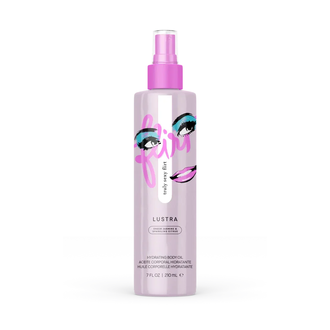 Lustra hydrating body oil spray bottle with illustrated eyes and lips, 210 ml skincare product