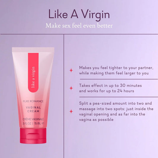 Like A Virgin vaginal cream tube with usage instructions on light purple background.