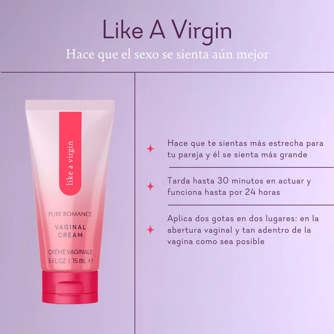 Tube of Pure Romance Like A Virgin vaginal cream with Spanish product benefits on purple background