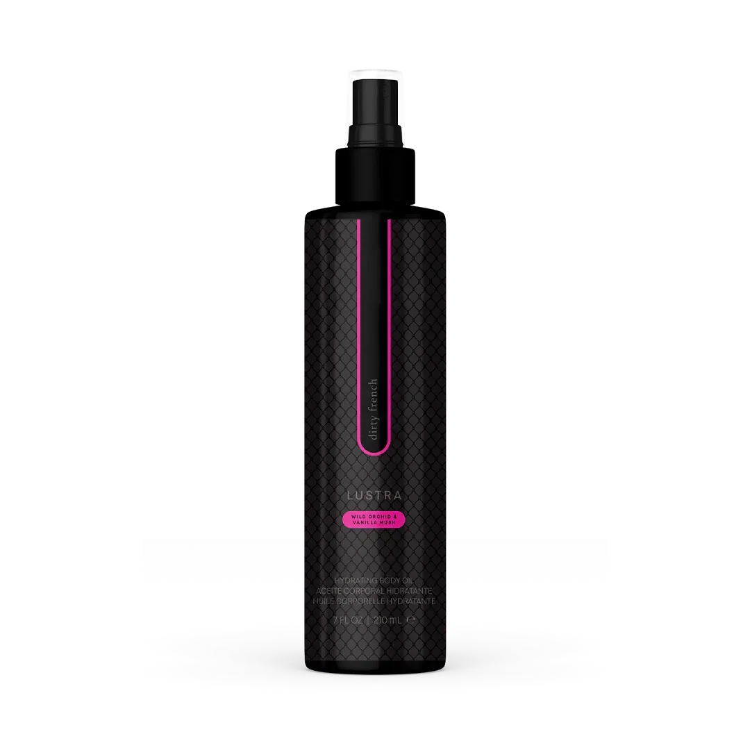 Lustra Dirty French hydrating body oil in black bottle, wild orchid and vanilla scent