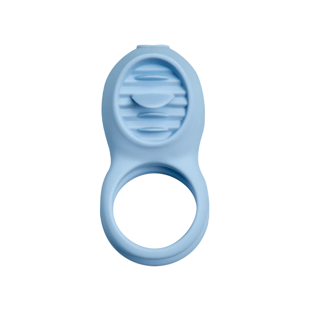 Blue silicone vibrating ring with textured surface for couples wellness