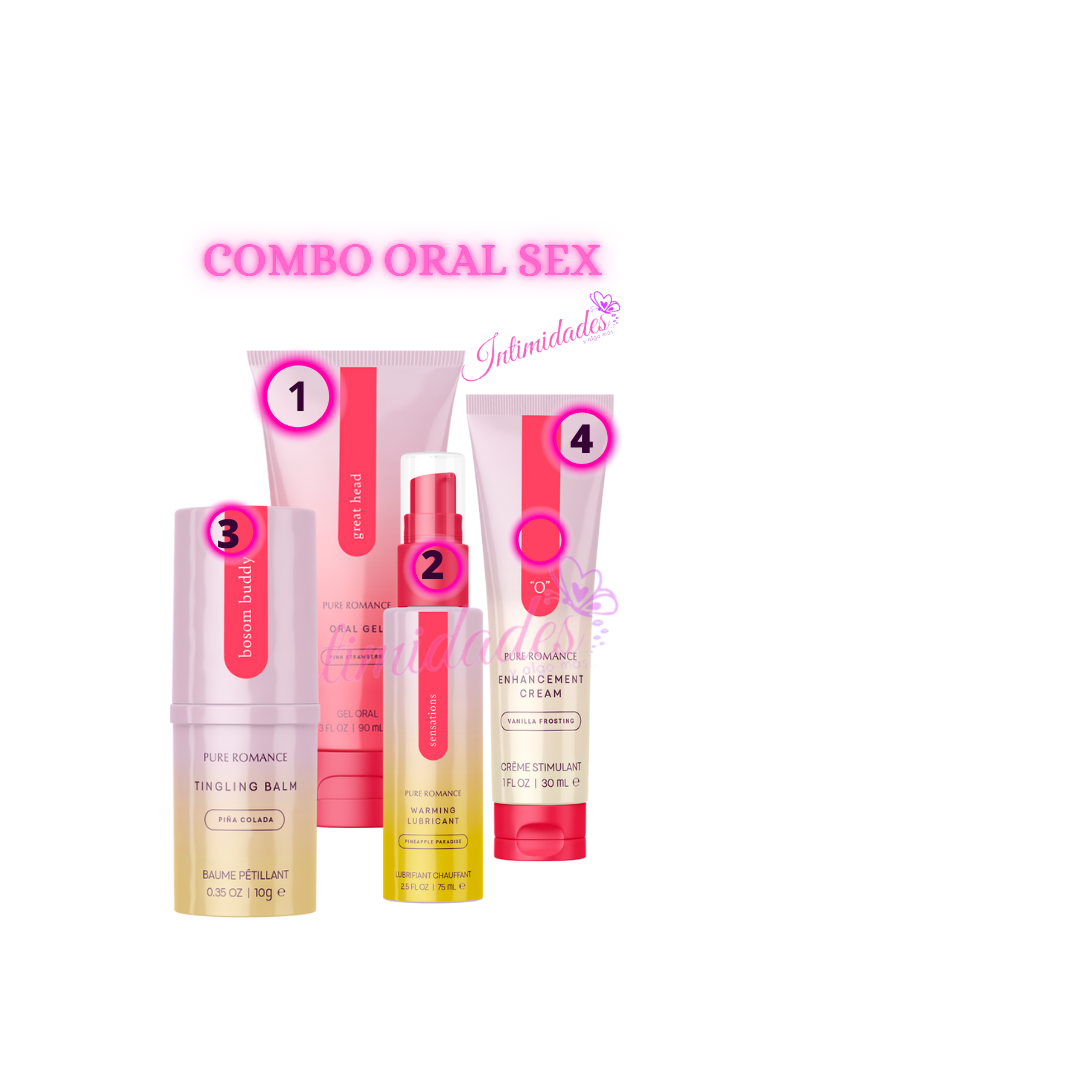 Oral intimacy product set including gel, lubricant, balm, and enhancement cream, pink labels.