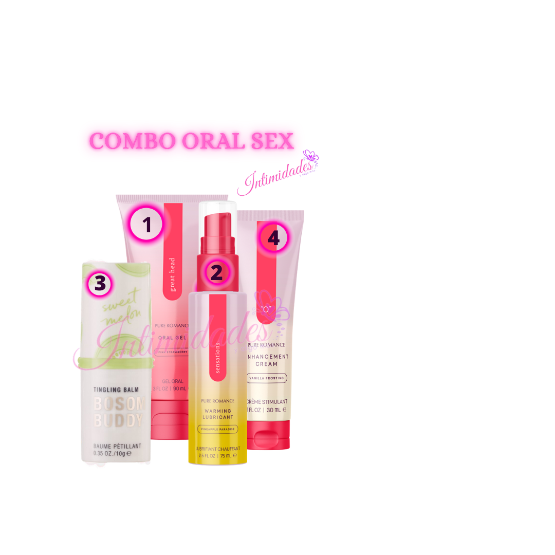 Combo pack of oral gel, warming lubricant, sweet melon tingling balm, and enhancement cream for intimacy.