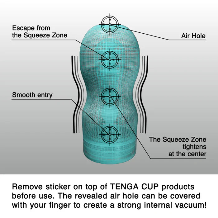 Diagram of a textured vacuum cup with labeled parts: air hole, squeeze zone, smooth entry.
