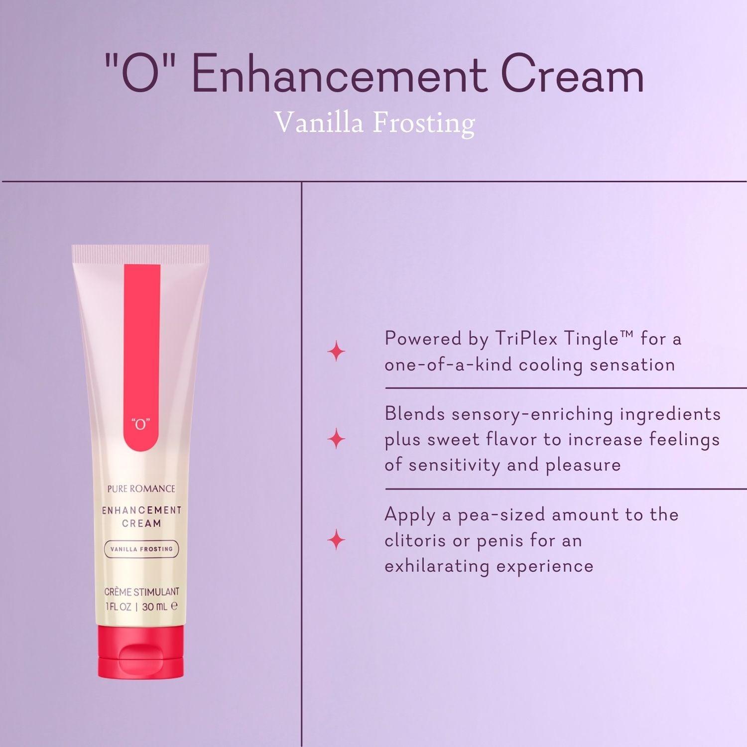 Tube of enhancement cream with vanilla frosting flavor, on purple background with usage tips.