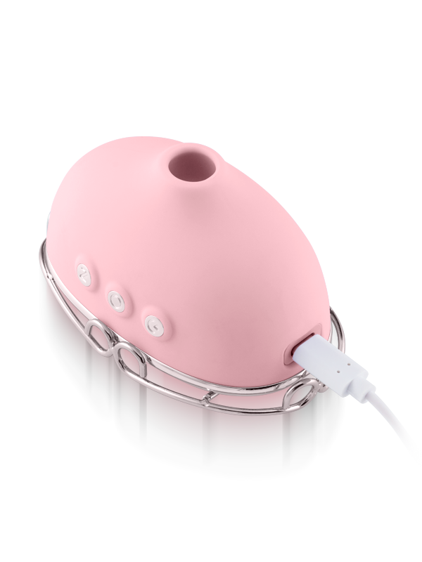 Pink silicone rechargeable personal massager with buttons and charging cable