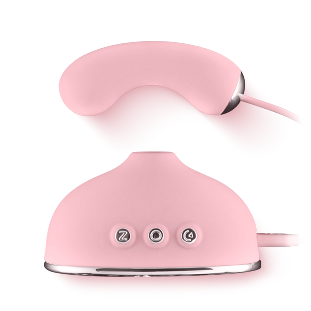 Pink silicone body massager with ergonomic shape and control buttons, sexual wellness product