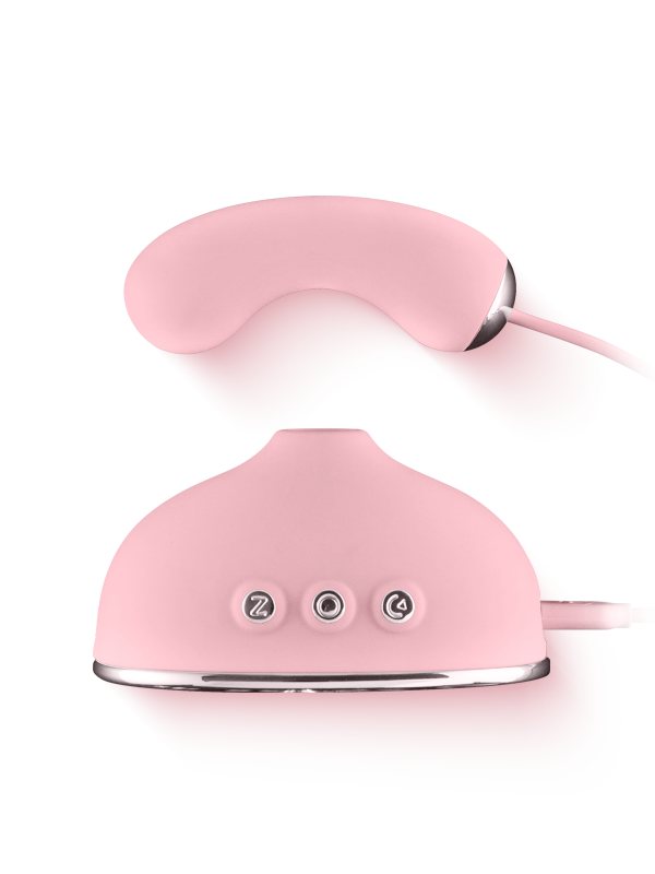 Pink silicone personal massager with ergonomic curved design and three control buttons