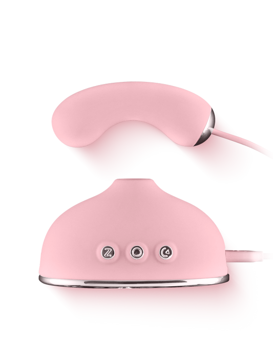 Pink silicone personal massager with ergonomic curved design and three control buttons