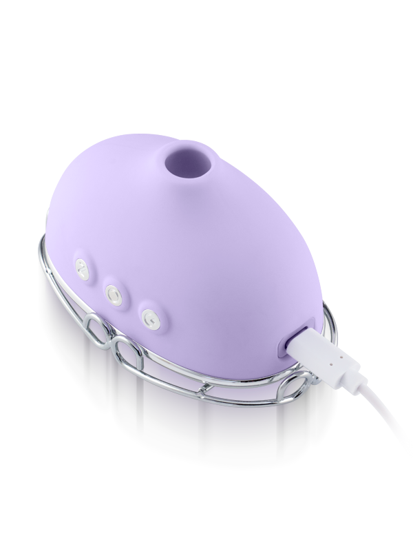 Purple silicone rechargeable personal massager with control buttons and charging cable