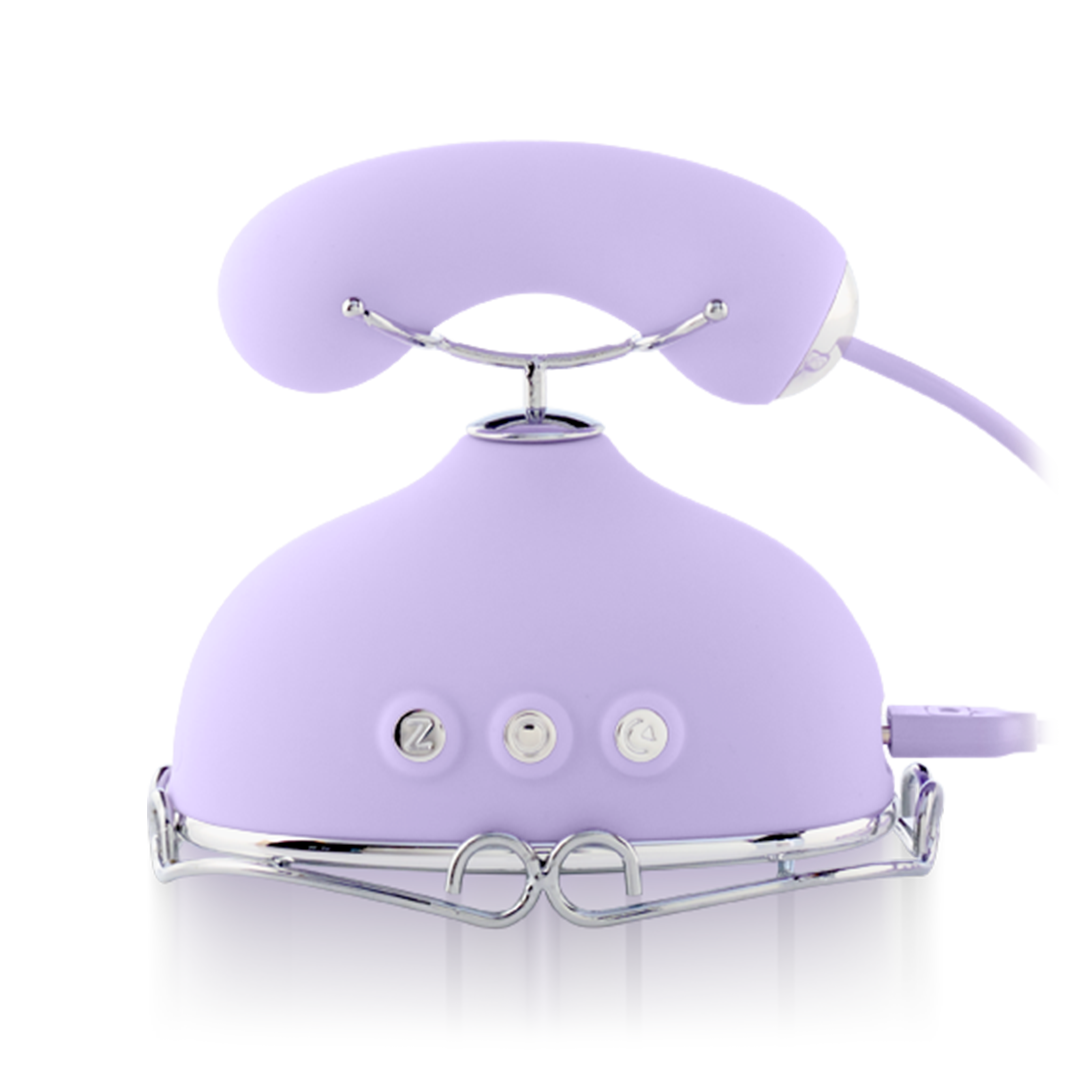 Purple silicone handheld massage device with metallic accents and control buttons