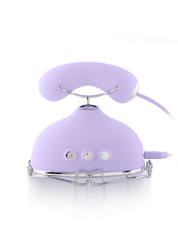 Purple silicone wellness massager with chrome accents and control buttons, isolated on white background