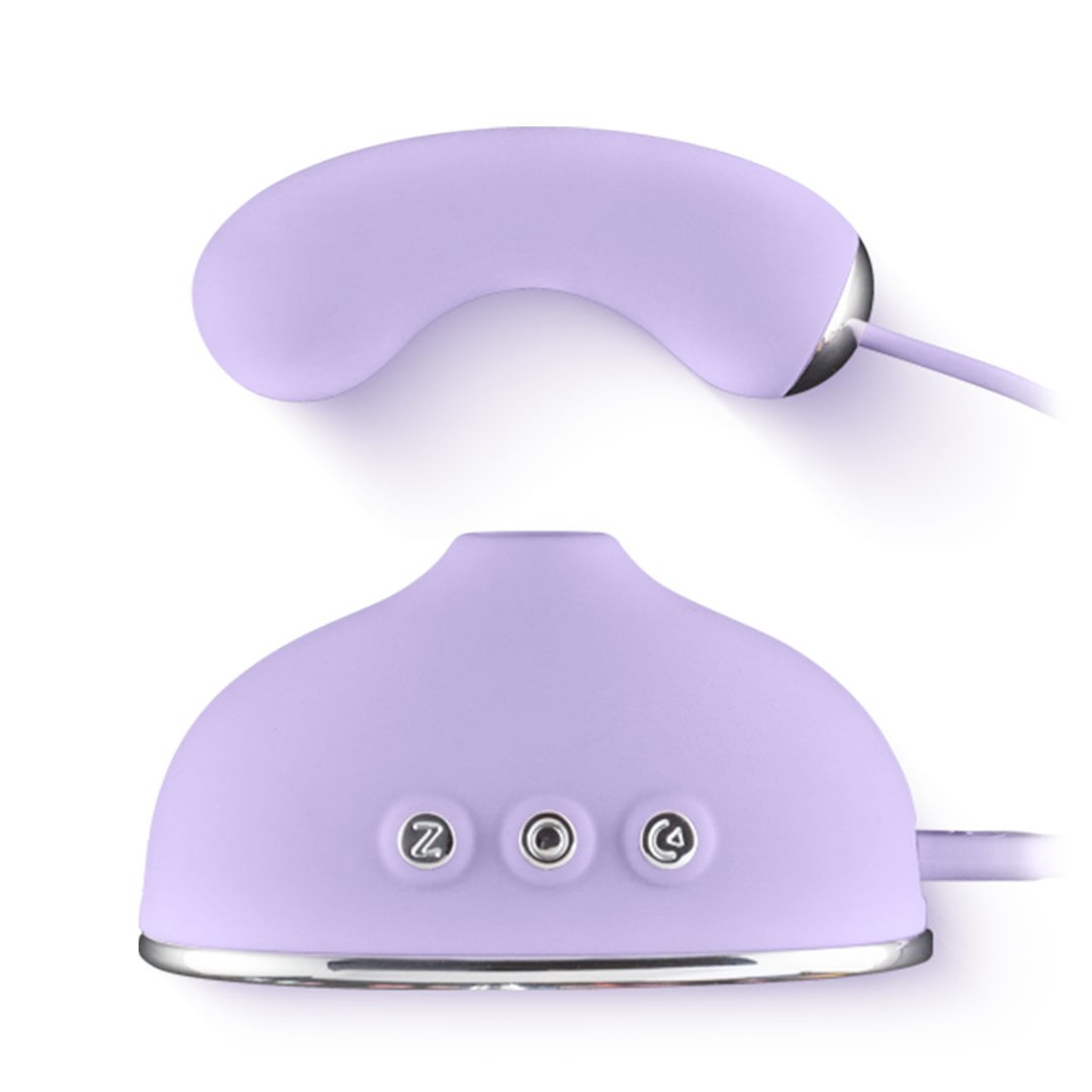 Purple silicone personal massager with three control buttons, ergonomic design, on white background.