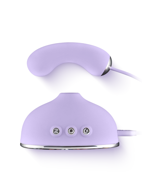 Purple silicone personal massager with curved ergonomic design and control buttons