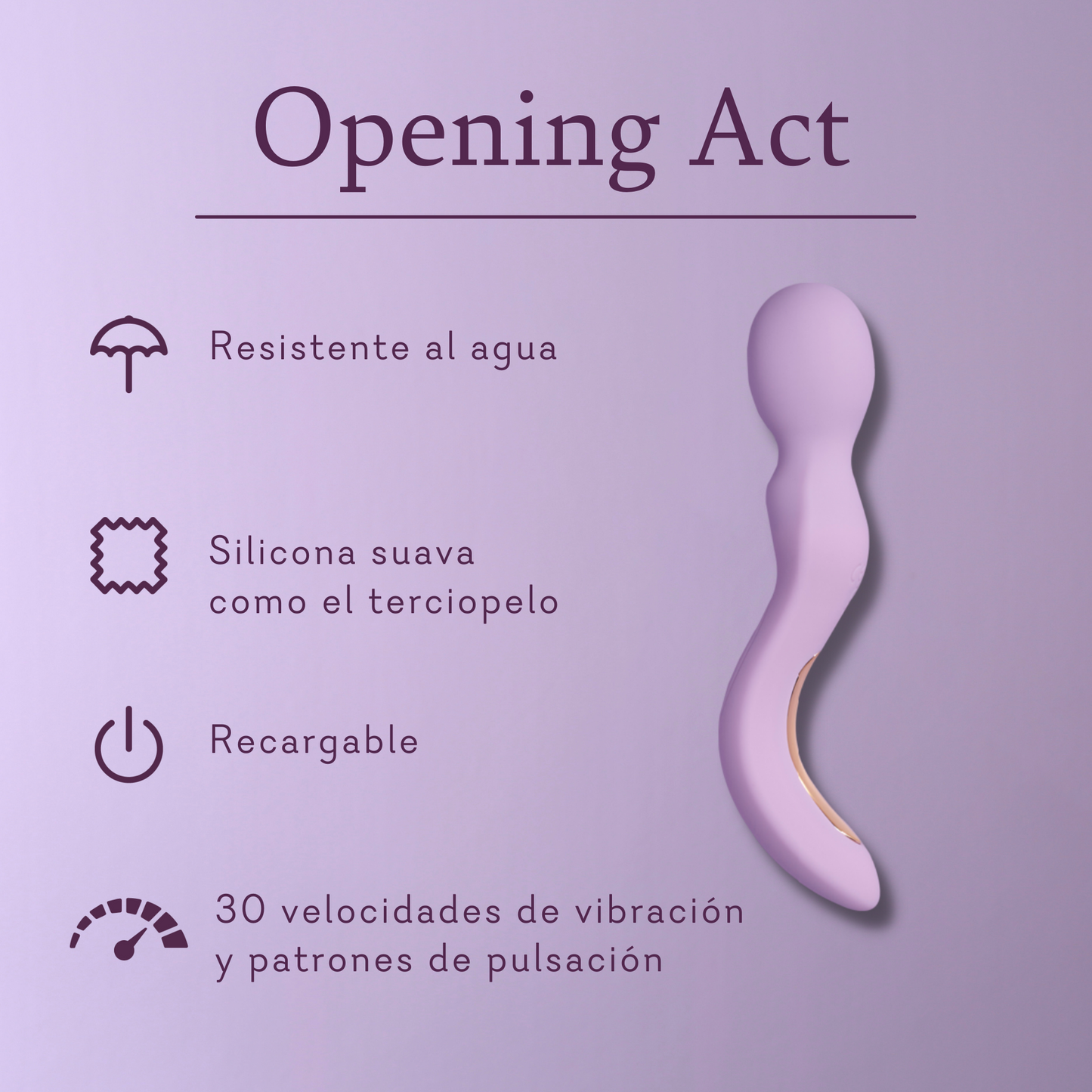 Purple waterproof silicone personal massage device with curved design, rechargeable, 30 vibration modes