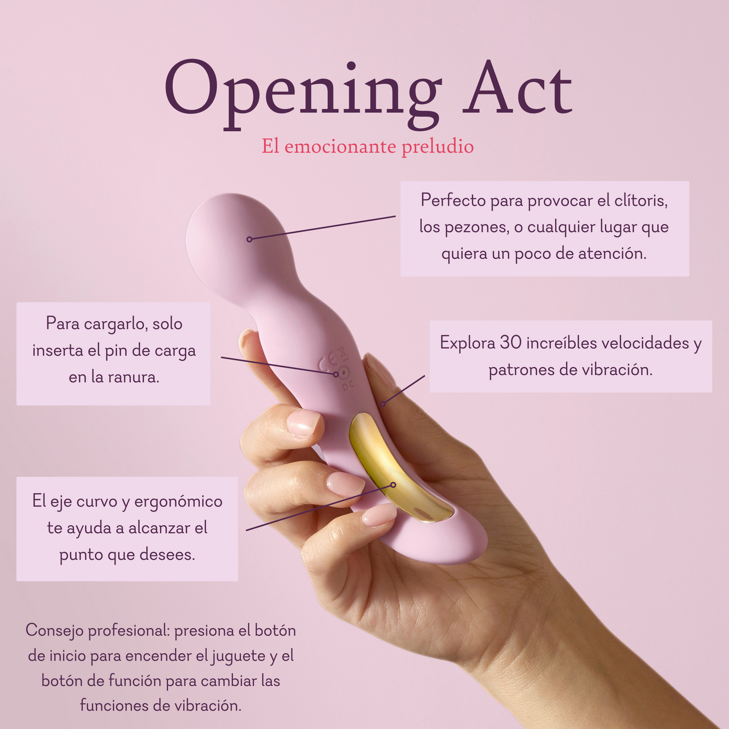 Hand holding ergonomic pink personal massager, with labeled vibration features and curved design.