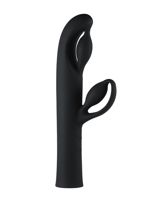 Black silicone dual stimulation intimate wellness massager with ergonomic design on white background.