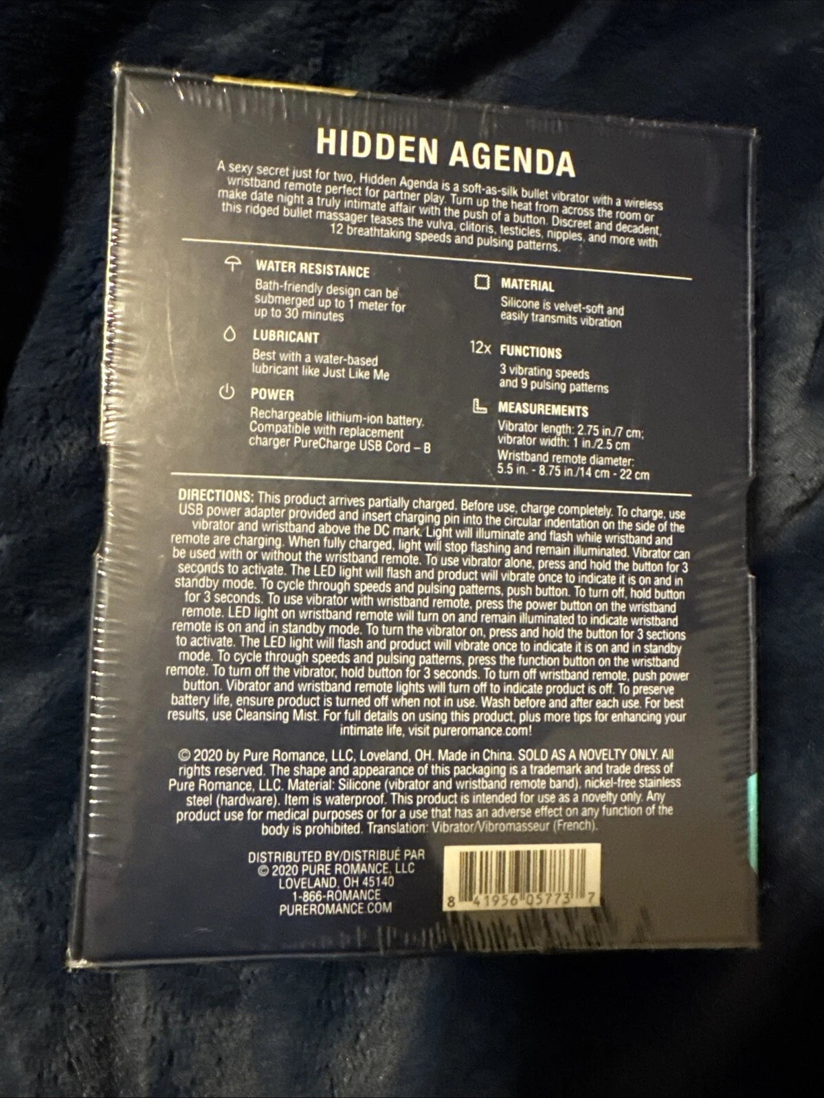 Back of Hidden Agenda bullet vibrator box showing product features, directions, and specs.