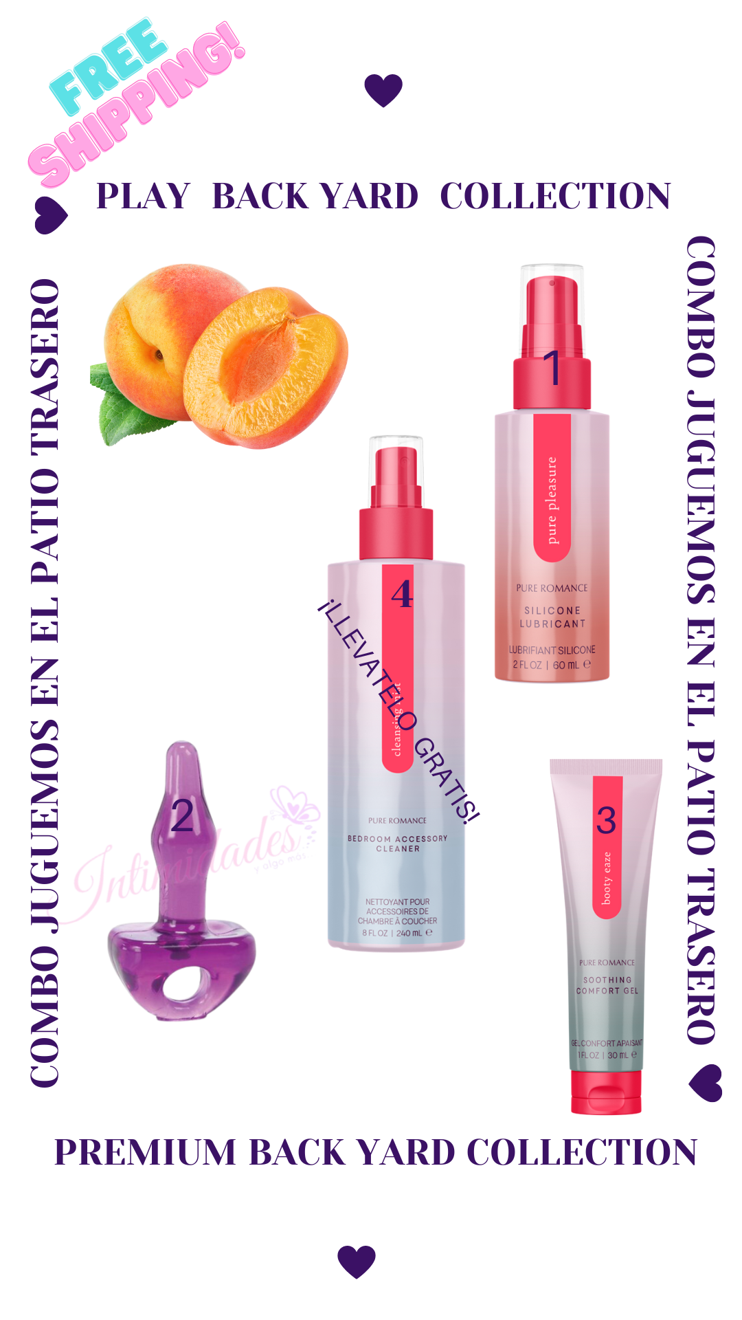 Play Backyard Collection featuring intimate wellness products, lubricant, cleaner, comfort gel, purple toy, peach fruit, and free shipping offer.