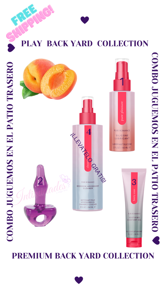 Play Backyard Collection featuring intimate wellness products, lubricant, cleaner, comfort gel, purple toy, peach fruit, and free shipping offer.