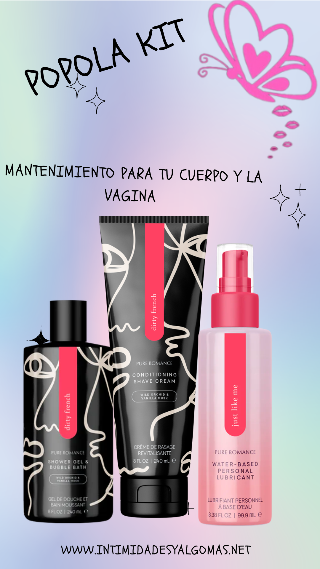 Popola Kit with Pure Romance shower gel, shave cream, and water-based lubricant for intimate care.