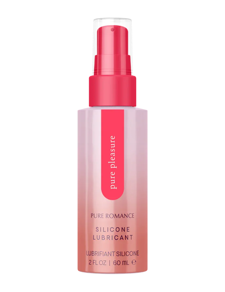 Silicone lubricant bottle with pink pump, labeled Pure Pleasure, 2 fl oz