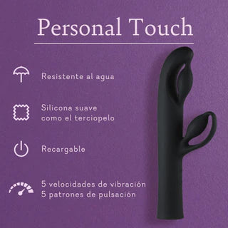 Black silicone dual-ended personal massager on purple background with product features text.