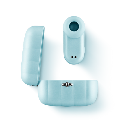 Compact blue wellness massager and matching storage case on white background