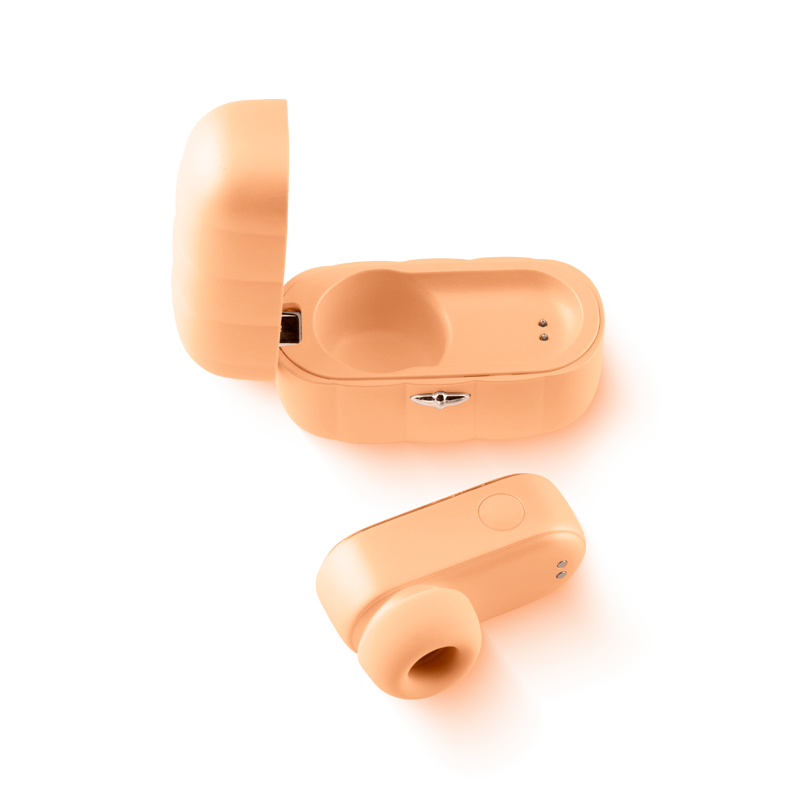 Orange rechargeable personal massager with charging case on white background