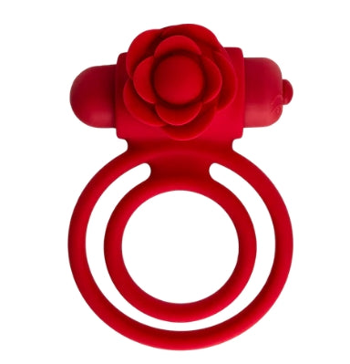 Red silicone vibrating ring with rose-shaped accent, intimate wellness product