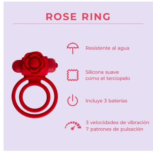 Red silicone rose-shaped vibrating ring, waterproof, with 3 batteries and multiple vibration modes.