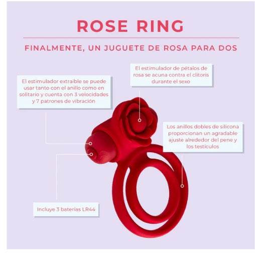 Red silicone vibrating rose ring for couples with dual loops and rose-shaped stimulator.