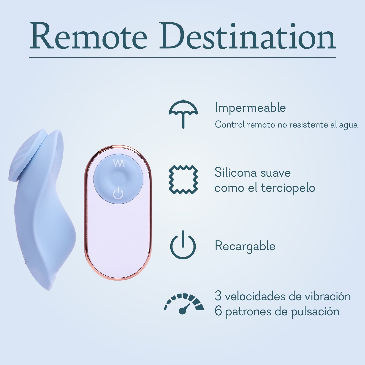 Remote-controlled silicone personal massager, rechargeable, waterproof, blue, with features listed.
