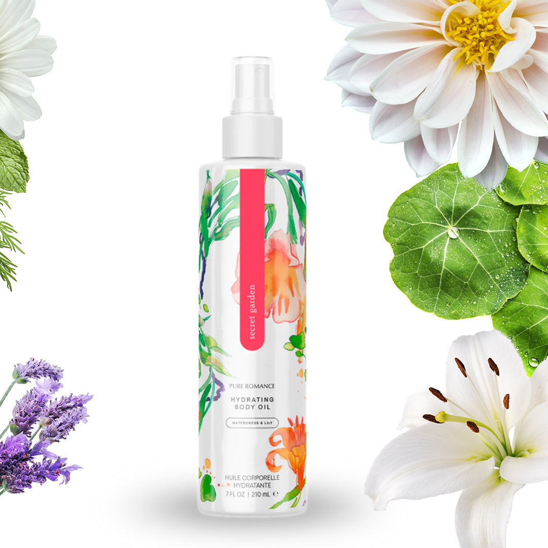 Hydrating body oil spray bottle with floral design surrounded by fresh flowers, skincare product