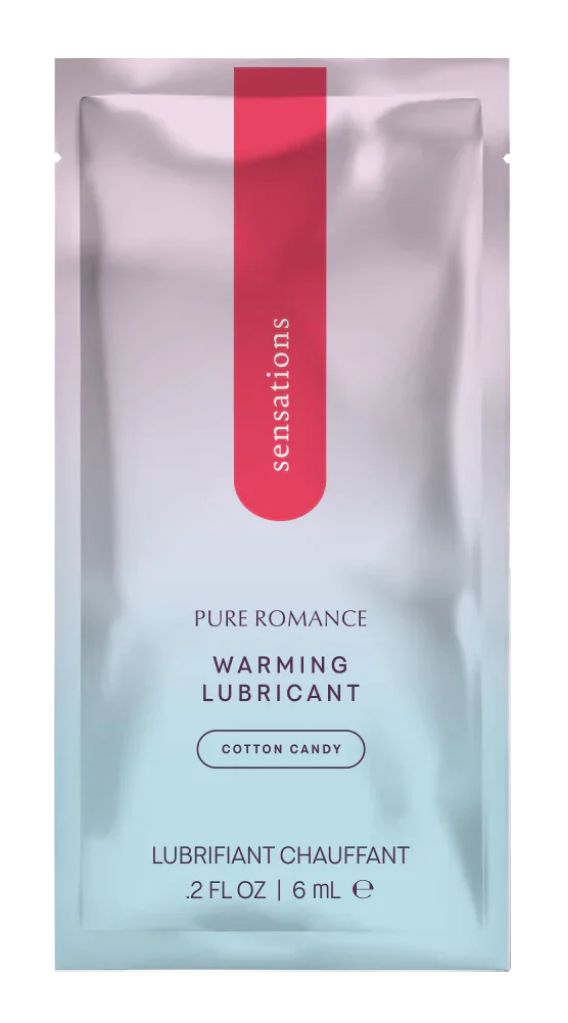 Sample sachet of Pure Romance warming lubricant cotton candy, 6 ml packet.