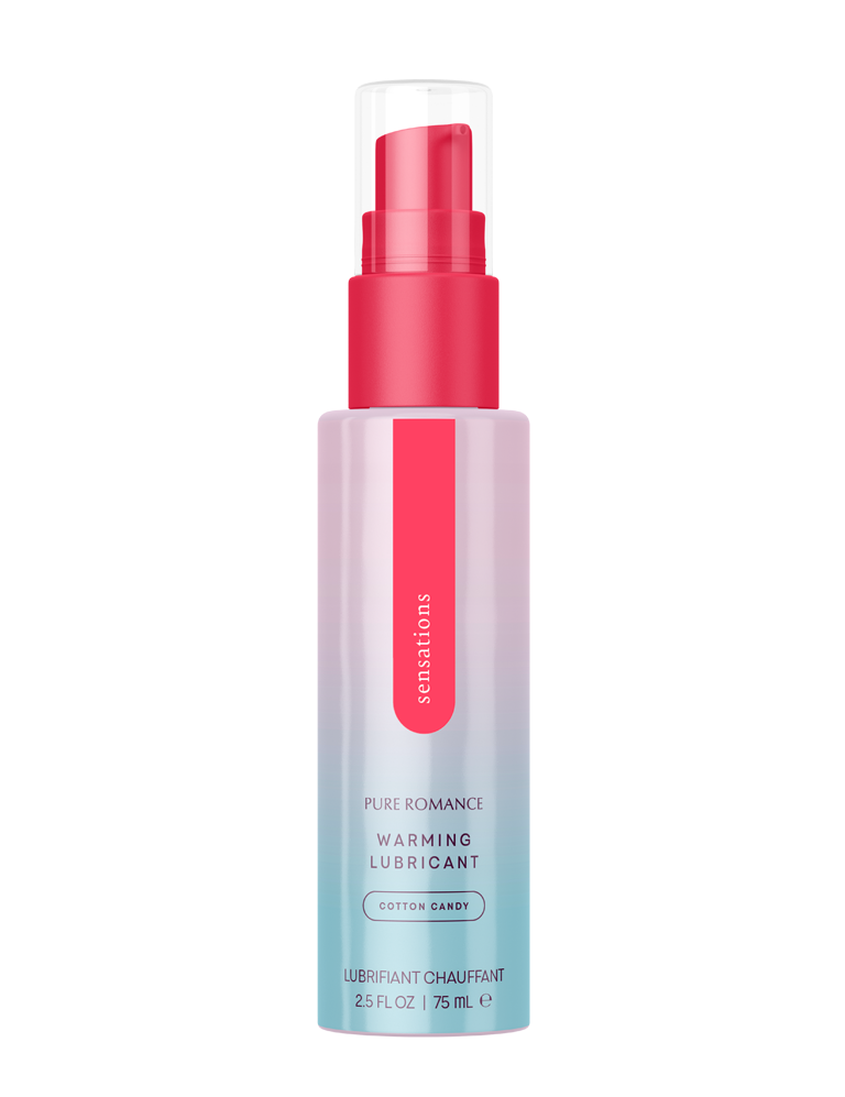 Warming lubricant cotton candy flavor in 75ml pump bottle with pink and blue gradient design