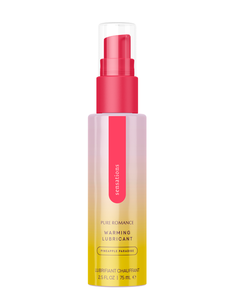 Pineapple Paradise warming lubricant bottle with pink pump and yellow gradient label, 75 ml