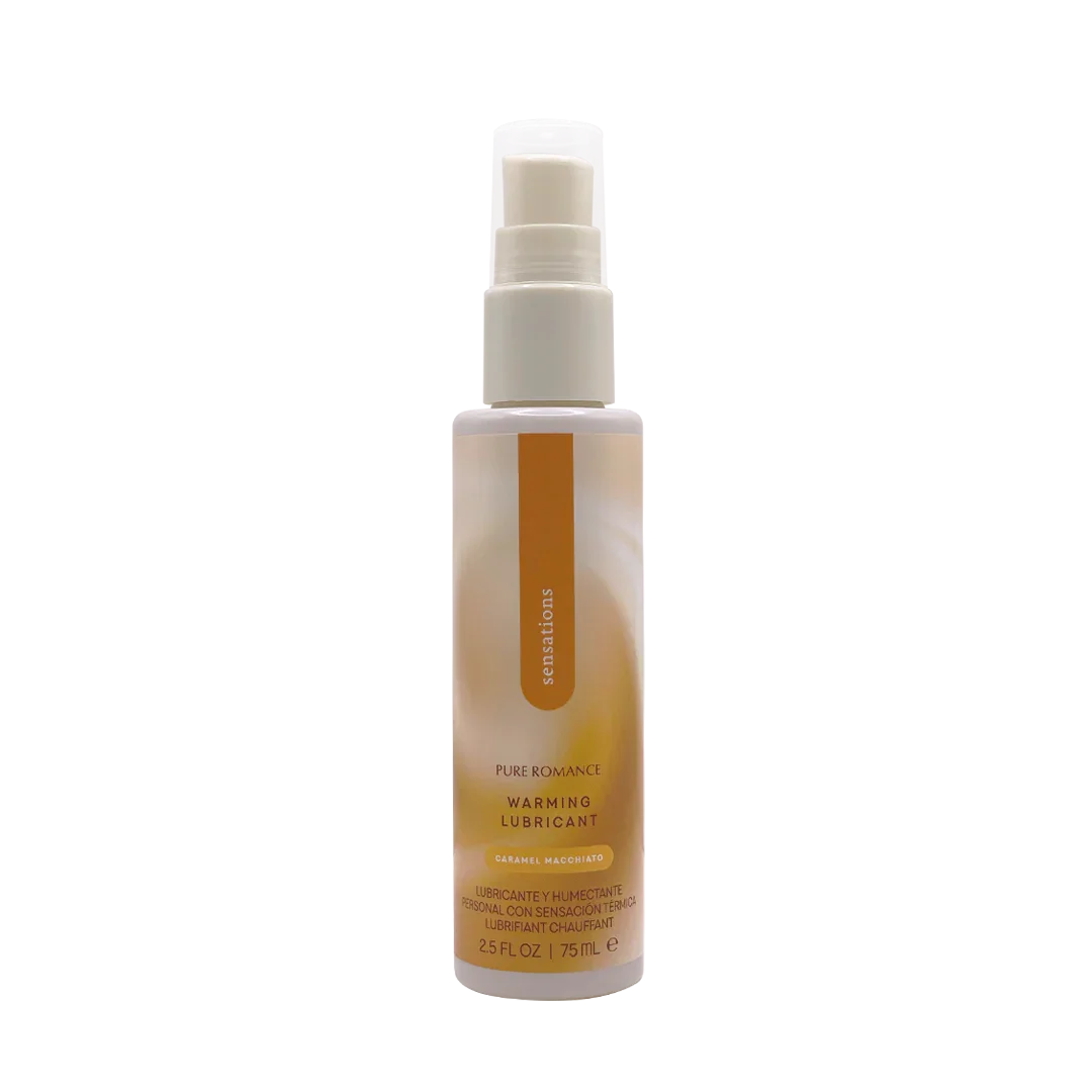 Caramel Macchiato warming lubricant bottle with pump, 75 ml size, on light background